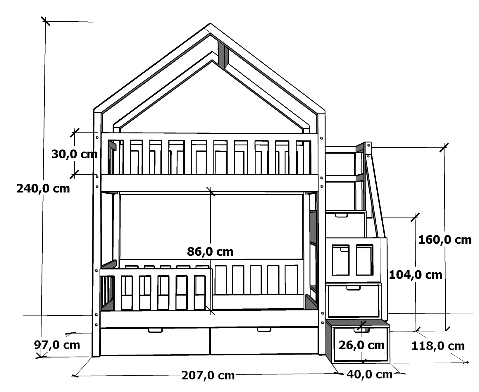 Wymiary łóżka piętrowego Sunny Peak dla materaca 90 × 200 cm