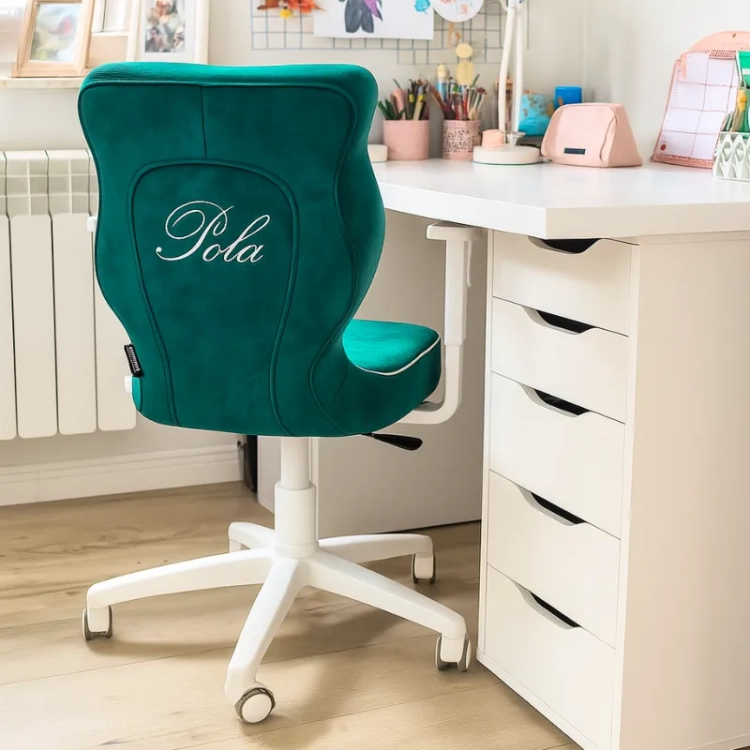 krzesło obrotowe zielone, butelkowa zieleń, ergonomiczne z grawerem, krzesło do nauki dla chłopca i nastolatka