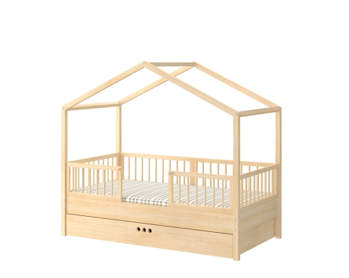 Łóżko domek Dream Nest Pine z drewna sosnowego, w stylu Montessori, z barierkami ochronnymi i regulowanym poziomem leżyska, idealne dla dzieci w wieku od 18 miesięcy.