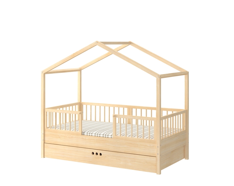 Łóżko domek Dream Nest Pine z drewna sosnowego, w stylu Montessori, z barierkami ochronnymi i regulowanym poziomem leżyska, idealne dla dzieci w wieku od 18 miesięcy.