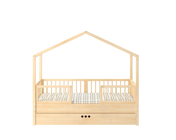 Łóżko domek Dream Nest Pine z drewna sosnowego, w stylu Montessori, z barierkami ochronnymi i regulowanym poziomem leżyska, idealne dla dzieci w wieku od 18 miesięcy.