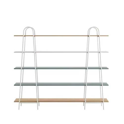 Regał minimalistyczny Match Eukaliptus W200 Wysoki Cool z pięcioma półkami, konstrukcją z metalowej rury i możliwością mocowania do ściany, idealny do pokoju dziecięcego