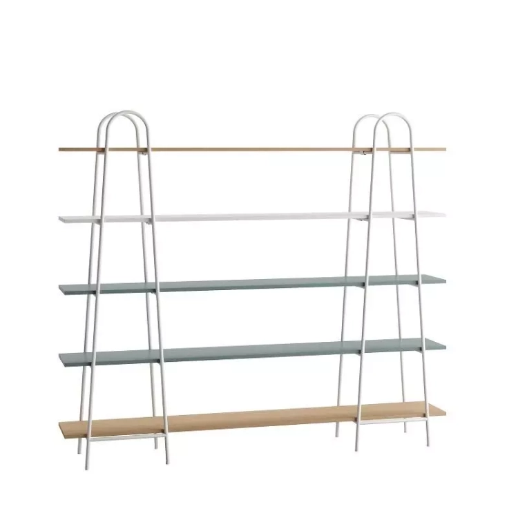 Regał minimalistyczny Match Eukaliptus W200 Wysoki Cool z pięcioma półkami, konstrukcją z metalowej rury i możliwością mocowania do ściany, idealny do pokoju dziecięcego