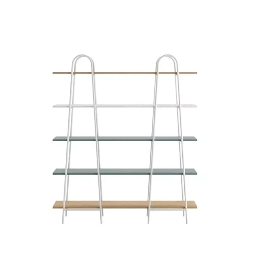 Regał minimalistyczny Match W150 Eukaliptus z pięcioma półkami, konstrukcją z metalowej rury i możliwością mocowania do ściany, idealny do pokoju dziecięcego.