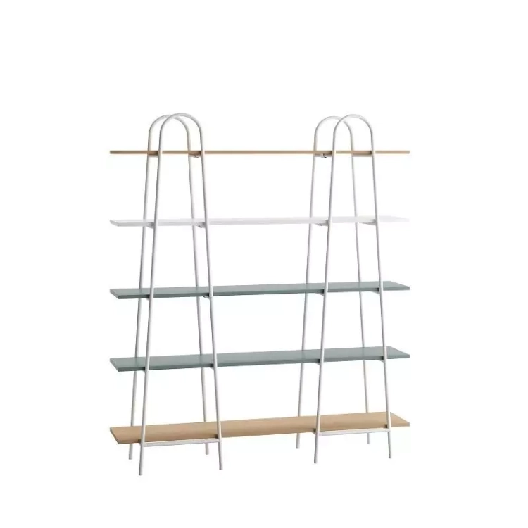 Regał minimalistyczny Match W150 Eukaliptus z pięcioma półkami, konstrukcją z metalowej rury i możliwością mocowania do ściany, idealny do pokoju dziecięcego.