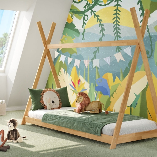 Łóżko Tipi/Domek Leo z litego drewna bukowego, w kształcie namiotu tipi, wymiary 90x200 cm, idealne dla dzieci.