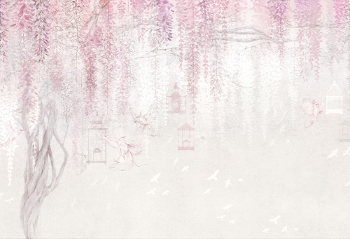 Tapeta Wisteria Kids - Pink z kwiecistym drzewem i ptakami, w pastelowych odcieniach różu, idealna do pokoju dziewczynki i nastolatki.