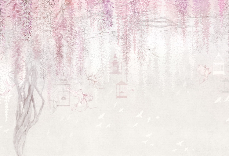 Tapeta Wisteria Kids - Pink z kwiecistym drzewem i ptakami, w pastelowych odcieniach różu, idealna do pokoju dziewczynki i nastolatki.