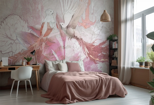 Nowoczesna tapeta Panama - Pink z egzotycznymi ptakami, w pudrowych odcieniach różu, idealna do pokoju nastolatki.