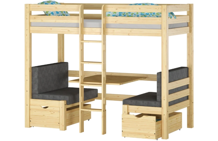 Łóżko piętrowe drewniane Pine Bunk 90x200 cm z opcją biurka, wykonane z litego drewna sosnowego, idealne do pokoju dziecięcego lub domku letniskowego.