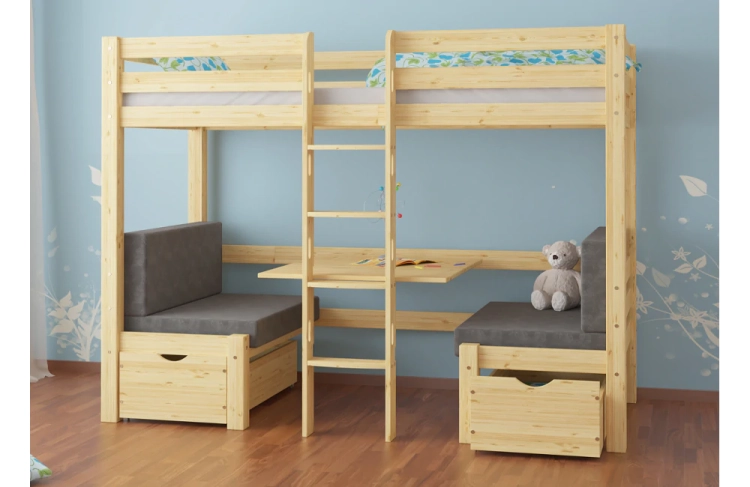 Łóżko piętrowe drewniane Pine Bunk 90x200 cm z opcją biurka, wykonane z litego drewna sosnowego, idealne do pokoju dziecięcego lub domku letniskowego.