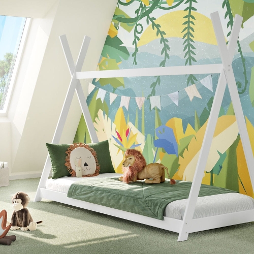 Łóżko Tipi/Domek białe Leo z litego drewna bukowego, w kształcie namiotu tipi, wymiary 90x200 cm, idealne dla dzieci.