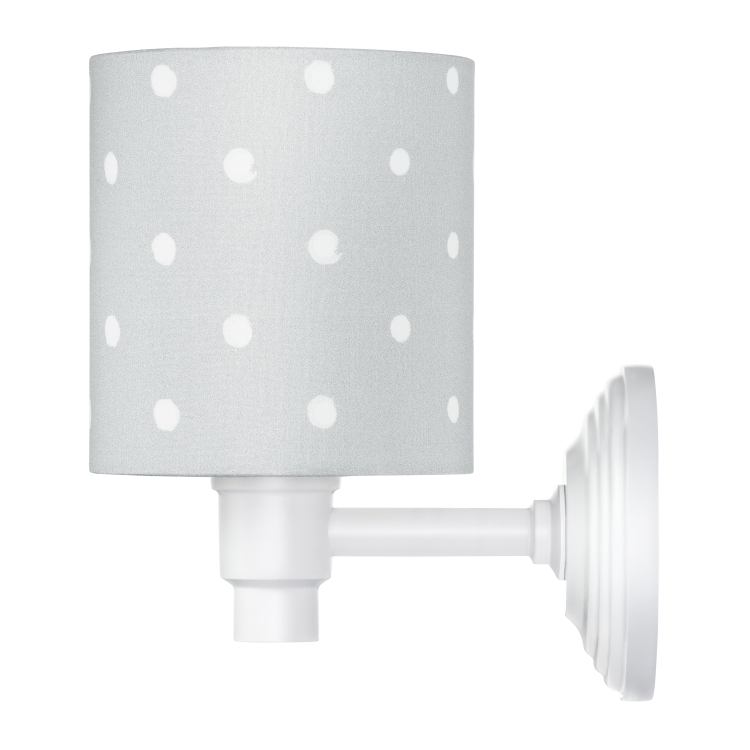Kinkiet szary w kropki Lovely Dots Grey – lampka nocna ścienna dla dzieci, idealna do pokoju chłopca i dziewczynki, wykonana z bawełny i drewna bukowego.