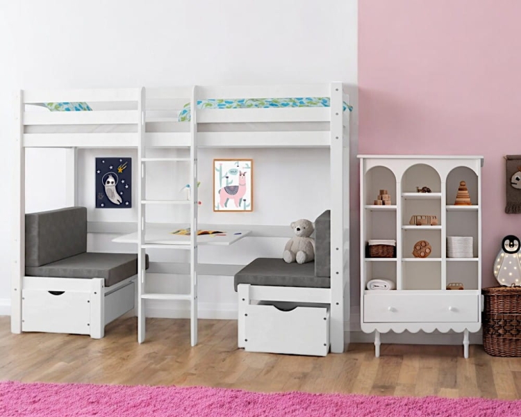 Łóżko piętrowe białe drewniane Pine Bunk 90x200 cm z opcją biurka, wykonane z litego drewna sosnowego, idealne do pokoju dziecięcego lub domku letniskowego.