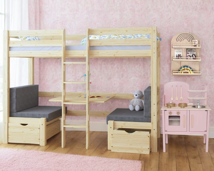 Łóżko piętrowe drewniane Pine Bunk 90x200 cm z opcją biurka, wykonane z litego drewna sosnowego, idealne do pokoju dziecięcego lub domku letniskowego.