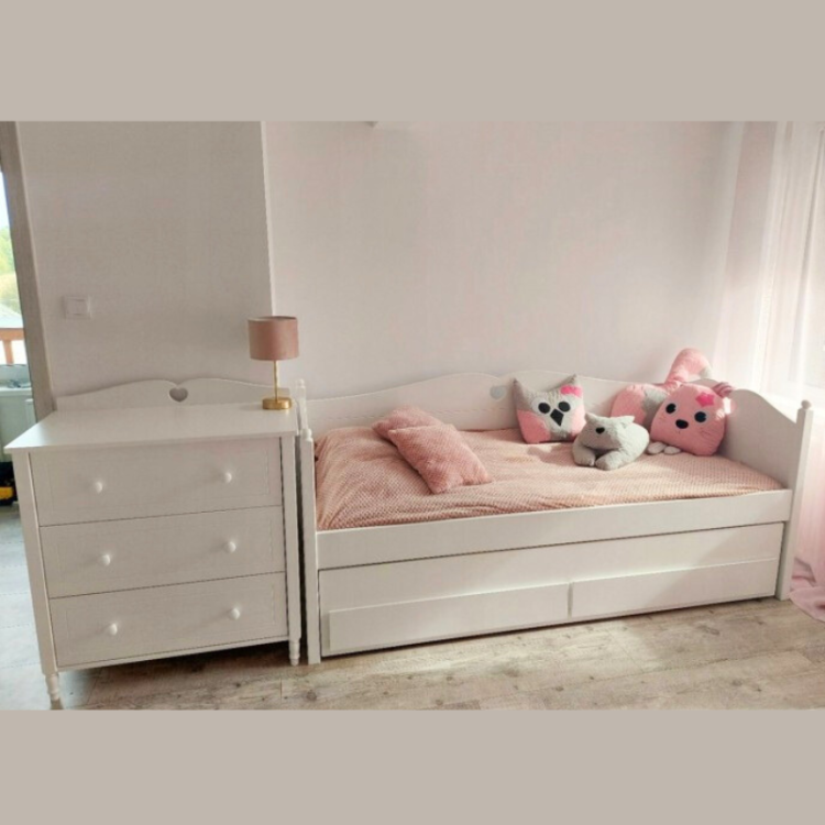Łóżko rustykalne białe podwójne „BELLA” 90x200 cm z wysuwanym łóżkiem, szufladami i barierką