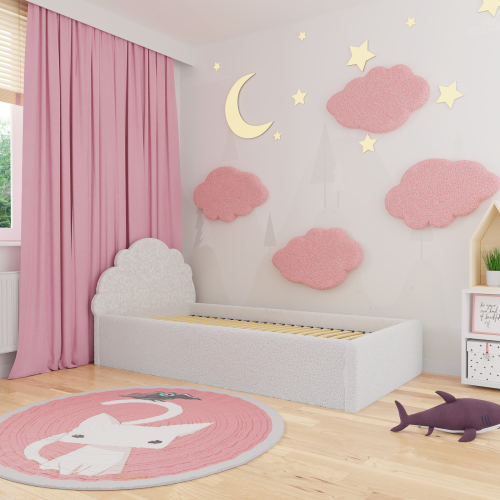 Tapicerowane łóżko dziecięce Chmurka w kolorze pastelowym z zagłówkiem w kształcie chmurki