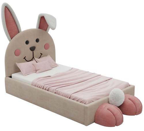 Tapicerowane łóżko dziecięce Bunny Lux z zagłówkiem w kształcie uśmiechniętego króliczka z opuszczonym uchem, dostępne w pastelowych kolorach.