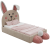 Tapicerowane łóżko dziecięce Bunny Lux z zagłówkiem w kształcie uśmiechniętego króliczka z opuszczonym uchem, dostępne w pastelowych kolorach.