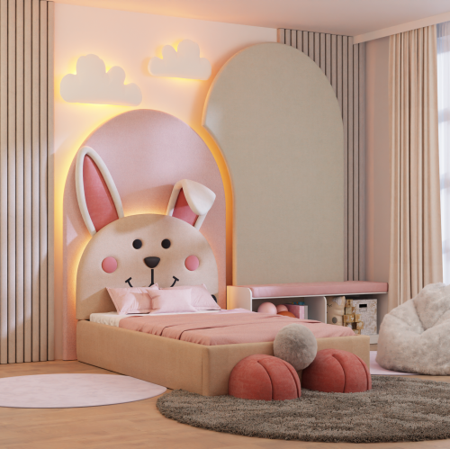 Tapicerowane łóżko dziecięce Bunny Lux z zagłówkiem w kształcie uśmiechniętego króliczka z opuszczonym uchem, dostępne w pastelowych kolorach.