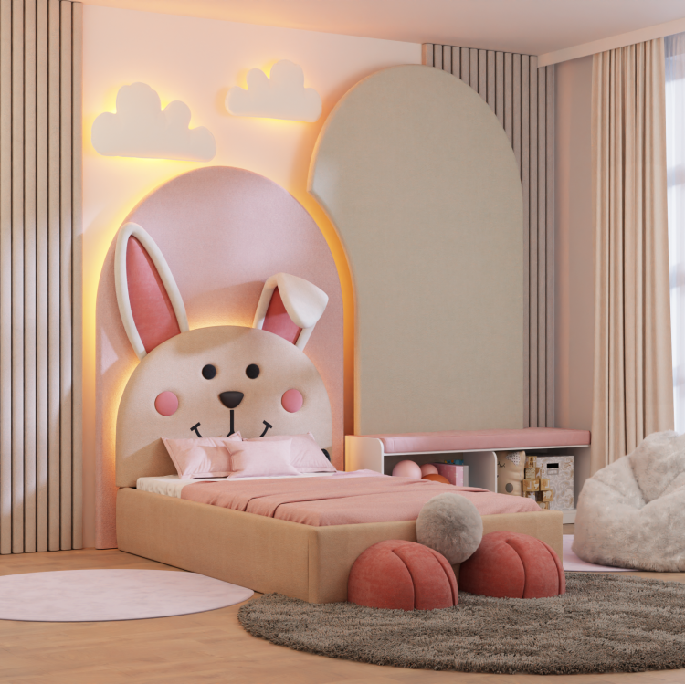 Tapicerowane łóżko dziecięce Bunny Lux z zagłówkiem w kształcie uśmiechniętego króliczka z opuszczonym uchem, dostępne w pastelowych kolorach.