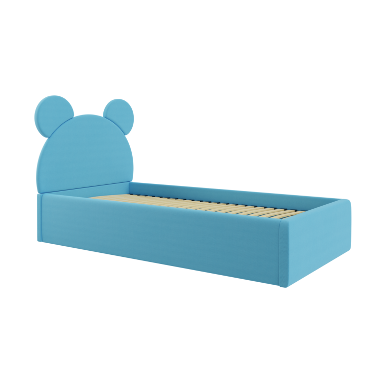 Tapicerowane łóżko dziecięce Teddy w kształcie misia, dostępne w pastelowych kolorach.