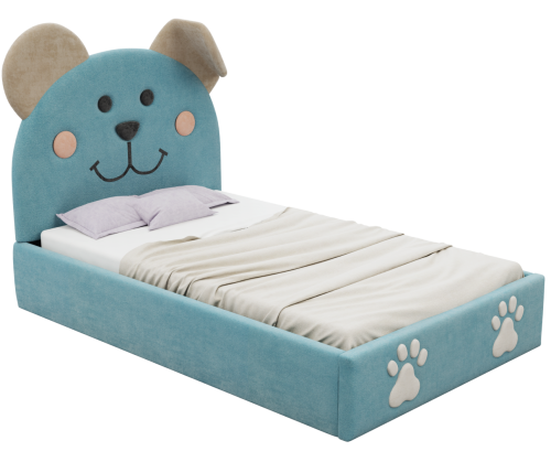 Tapicerowane łóżko dziecięce Teddy Lux z uśmiechniętą buzią misia i opuszczonym uchem, dostępne w pastelowych kolorach.