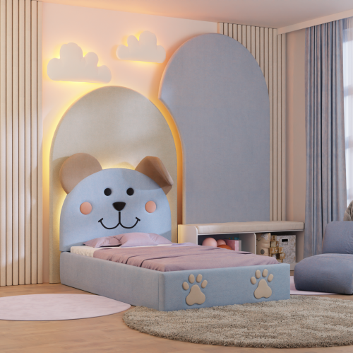 Tapicerowane łóżko dziecięce Teddy Lux z uśmiechniętą buzią misia i opuszczonym uchem, dostępne w pastelowych kolorach.