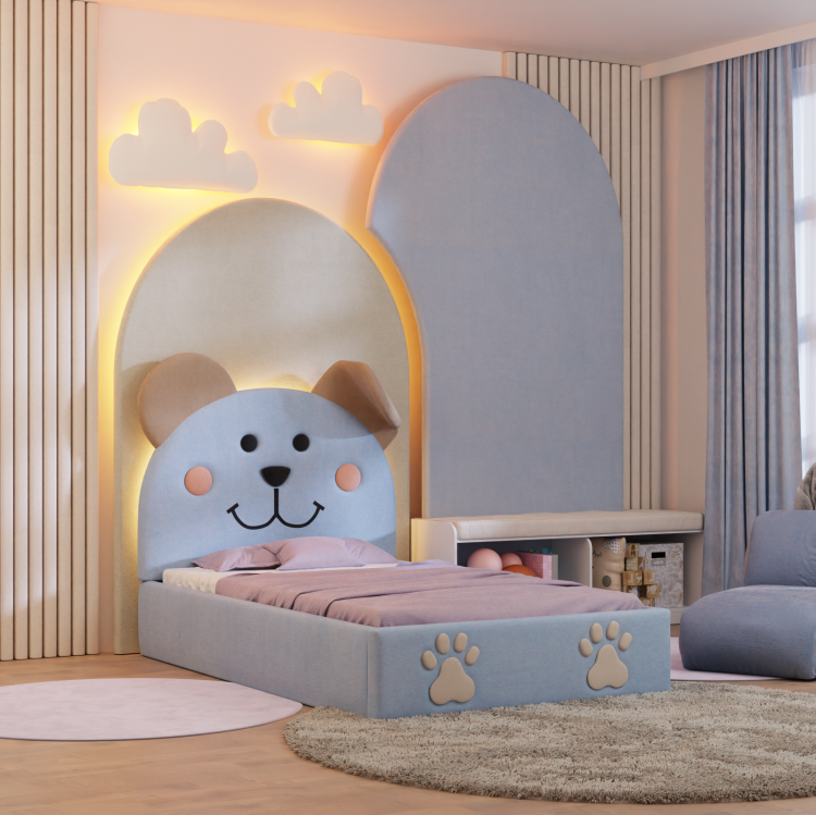 Tapicerowane łóżko dziecięce Teddy Lux z uśmiechniętą buzią misia i opuszczonym uchem, dostępne w pastelowych kolorach.