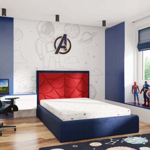 Tapicerowane łóżko dziecięce Spiderman z zagłówkiem w kształcie pajęczyny, dostępne w szerokiej gamie kolorów i tkanin, idealne dla małego fana superbohaterów.