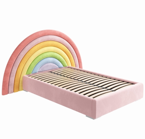 Łóżko tapicerowane dla dziewczynki Rainbow z zagłówkiem w kształcie tęczy
