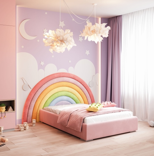 Łóżko tapicerowane dla dziewczynki Rainbow z zagłówkiem w kształcie tęczy