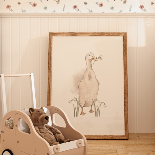 Plakat dla dzieci Gąska Boho I – biała gęś na tle polnych kwiatów, dekoracja do pokoju dziecka w stylu boho