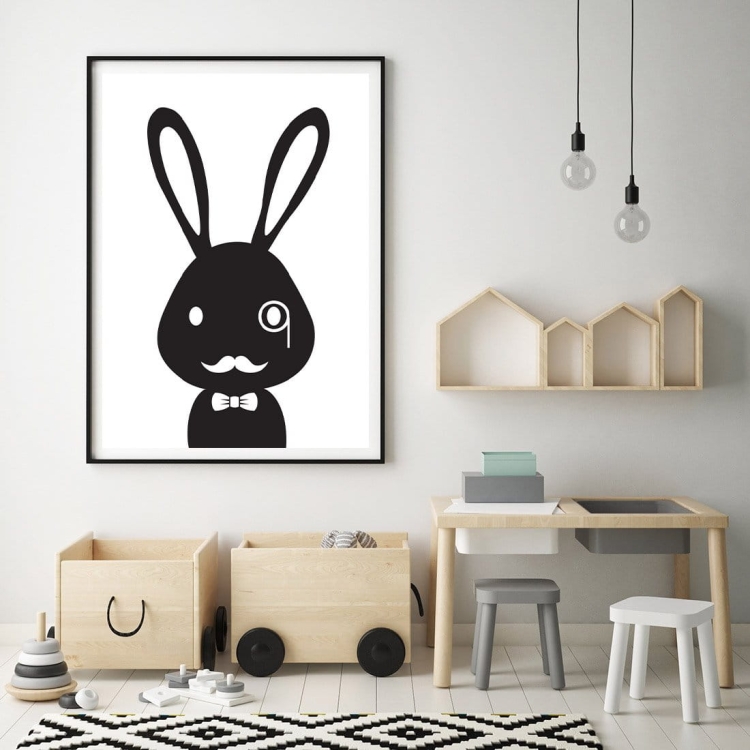 Plakat dla dzieci Królik Sherlock – czarno-biały minimalistyczny plakat, dekoracja do pokoju dziecka i nastolatka