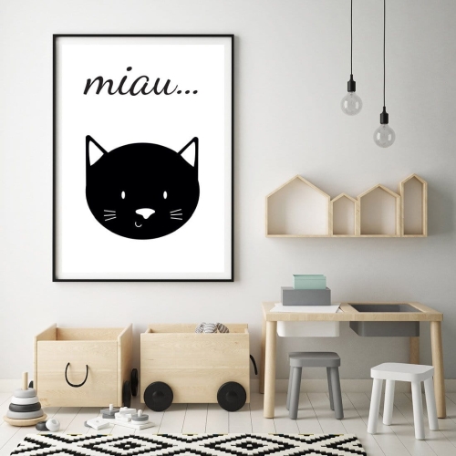 Plakat czarno-biały "Kotek Miau" – uroczy plakat z kotem, dekoracja do pokoju dziecka