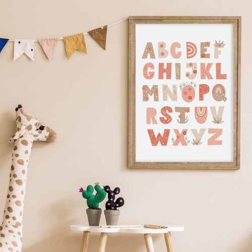 Plakat dla dzieci "Alfabet Boho I" – edukacyjny plakat w stylu boho do nauki alfabetu, dekoracja ścienna