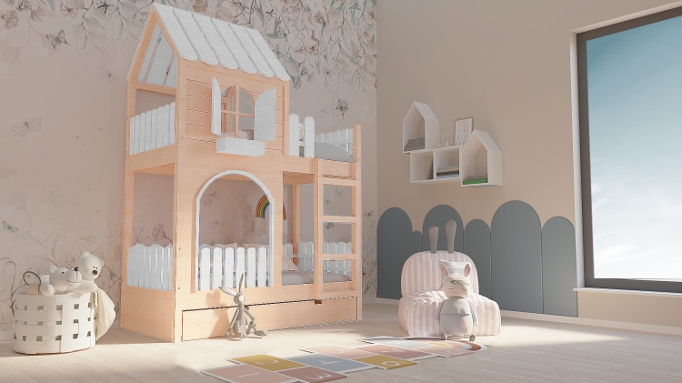 aranżacja pokoju dziecięcego z łóżkiem piętrowym Twin Haven, drewniany domek w sielskim stylu