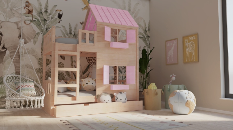 dziecięce łóżko piętrowe Dream Loft, biały domek z daszkiem, okiennicami i doniczkami w pokoju dziecka