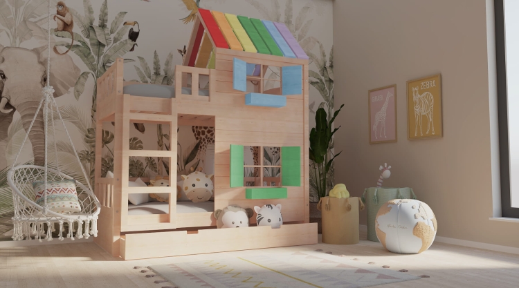 łóżko piętrowe ze sklejki Dream Loft, drabinka i barierki ochronne, aranżacja pokoju rodzeństwa