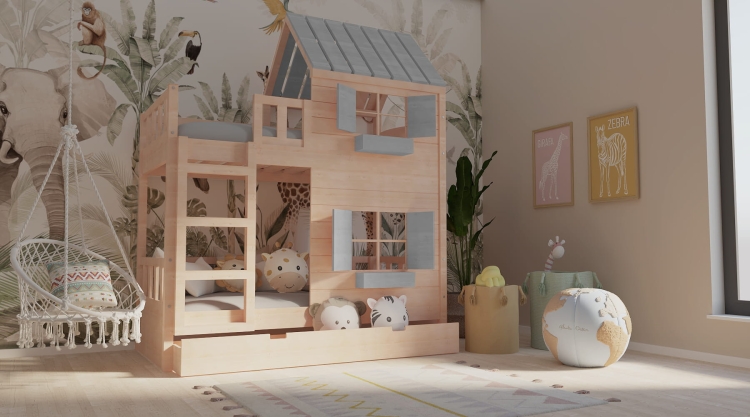 detal łóżka Dream Loft, okiennice i dekoracyjne doniczki na frontowej ścianie domku