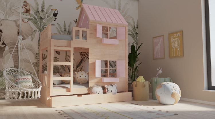 łóżko piętrowe domek Dream Loft w naturalnym kolorze drewna, przytulna przestrzeń do snu i zabawy