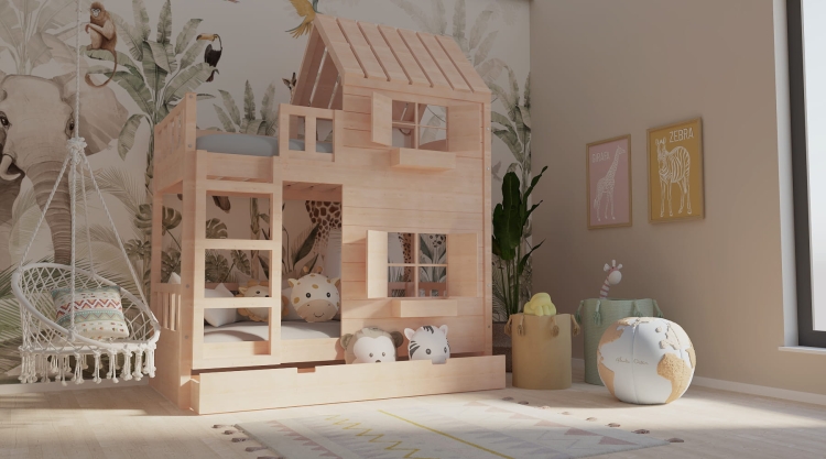 łóżko piętrowe domek Dream Loft w naturalnym kolorze drewna, przytulna strefa snu i zabawy dla dzieci