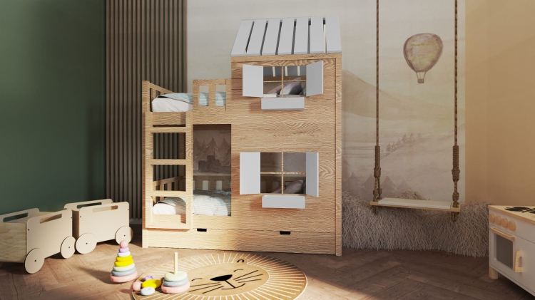 łóżko piętrowe Dream Loft z opcją zjeżdżalni i ścianki wspinaczkowej, domowy plac zabaw w pokoju dziecięcym