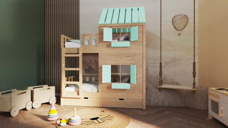 łóżko piętrowe Dream Loft z opcją zjeżdżalni i ścianki wspinaczkowej, domowy plac zabaw dla dzieci
