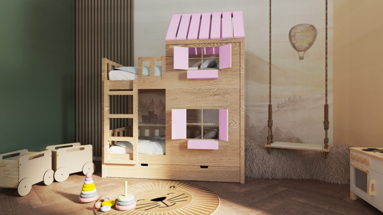 łóżko piętrowe Dream Loft z opcją zjeżdżalni i ścianki wspinaczkowej, domowy plac zabaw dla dzieci