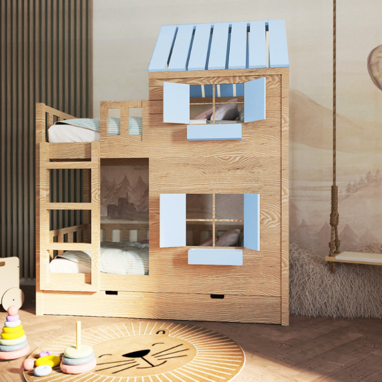 łóżko piętrowe domek Dream Loft z oknem i dachem, drewniana konstrukcja dla rodzeństwa