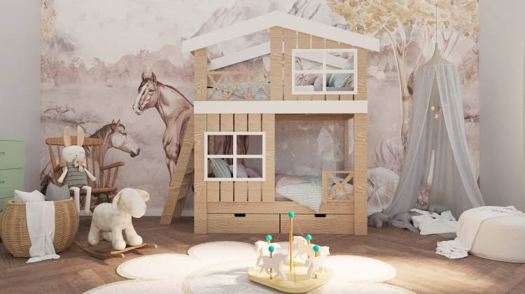 łóżko piętrowe ze sklejki Tree House, biała konstrukcja z daszkiem i okienkiem, aranżacja pokoju dziecięcego