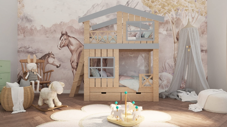 łóżko dziecięce domek na drzewie Tree House, naturalne drewno sosnowe i sklejka liściasta