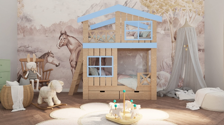 detal łóżka Tree House, okno z ramą i deski dachowe, bezpieczne wykończenie farbami wodnymi