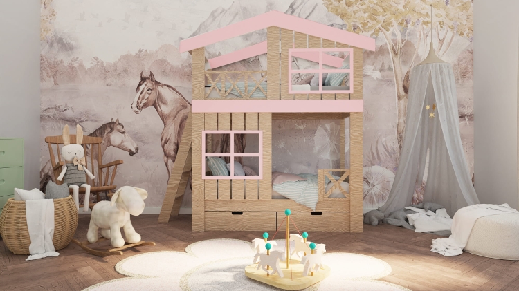 łóżko piętrowe Tree House z możliwością montażu zjeżdżalni i ścianki wspinaczkowej, kreatywna strefa zabawy